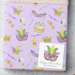 Akvarell Mardi Gras-masker King Cake-krona Anteckningskort
