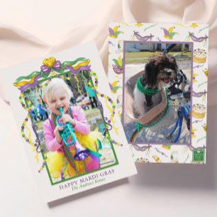Akvarell Mardi Gras-masker King Cake-krona Foto Julkort