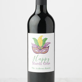 Akvarell Mardi Gras-masker King Cake-krona Vinflaska Etikett