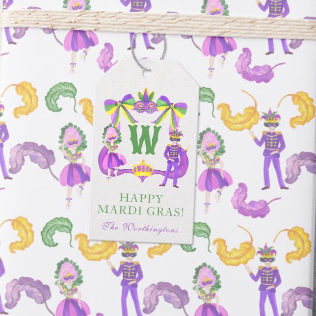 Akvarell Mardi Gras Monogram Tecken Presentetikett (Skapare uppladdad)