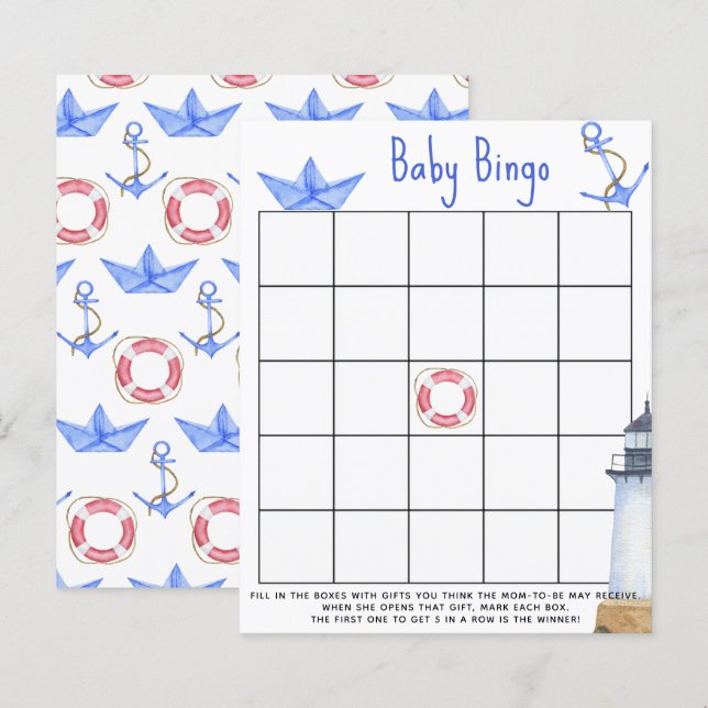 Akvarell marin - Baby shower bingo spel (Fram/baksida)