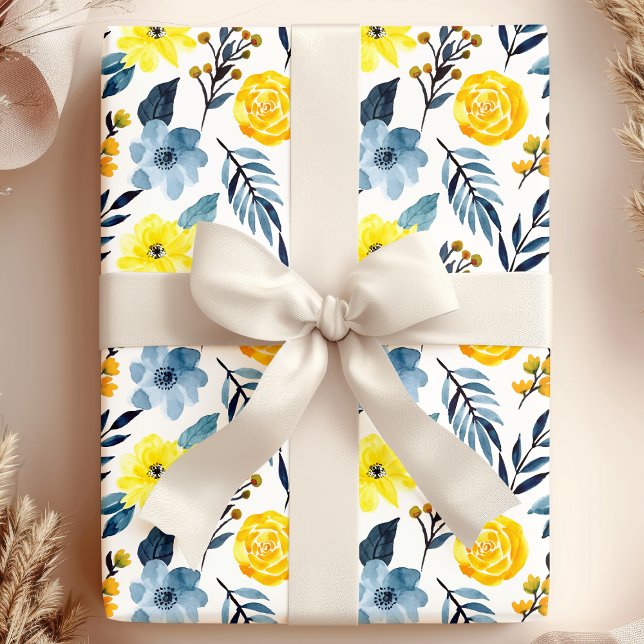Akvarell Marin Gul Boho Blommig Blomma Presentpapper (Skapare uppladdad)