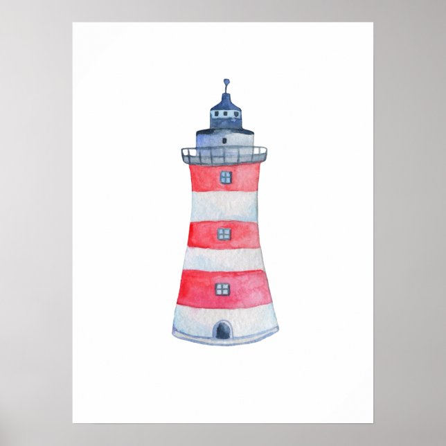 Akvarell Marin Ocean Fyr Barnkammardesign Poster (Framsidan)