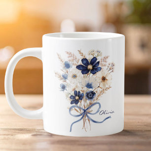 Akvarell Marinblå Blombukett Personlig Jumbo Mugg