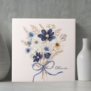 Akvarell Marinblå Blombukett Personlig Kakelplatta