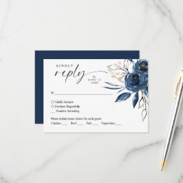 Akvarell Marinblå Blommig Bröllopssvar RSVP OSA Kort