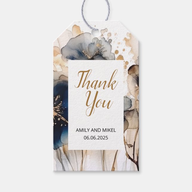 Akvarell Marinblå Gyllene Blommig Presenttagg Presentetikett (Framsidan)