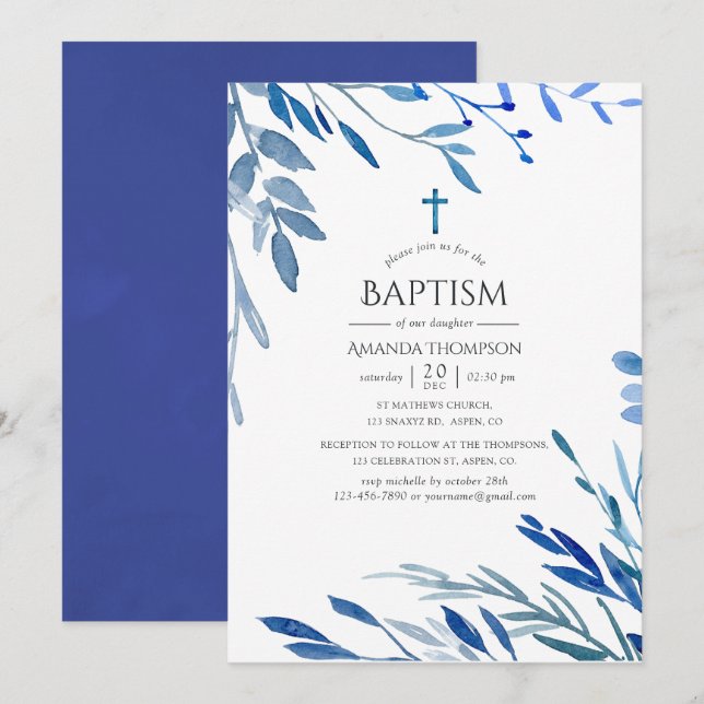 Akvarell Marinblå Indigo Blad Dop Inbjudningar (Fram/baksida)
