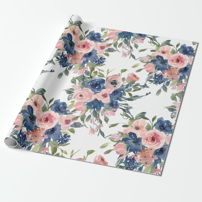 Akvarell Marinblå och Rosafärgad Blommig Presentpapper (Utrullad)