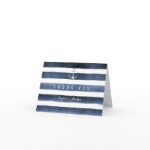 Akvarell marinrandiga tackkort för strandbröllop