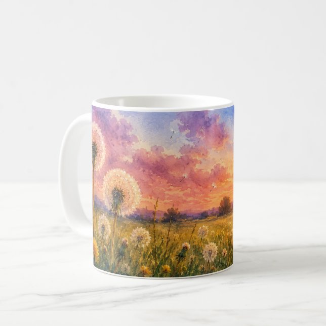 Akvarell Maskrosor vid Solnedgång Ängslandskap  Kaffemugg (Framsida vänster)