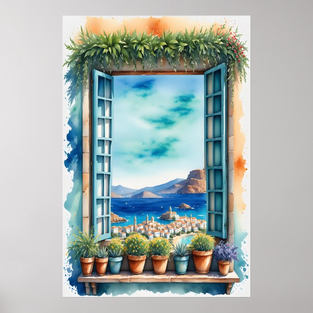 Akvarell Medelhavet fönsterutsikt Kuststad Poster (Framsidan)