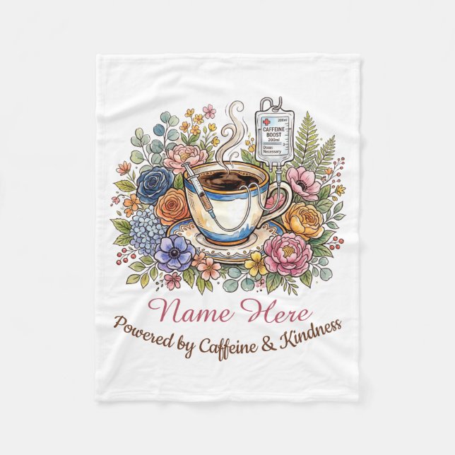Akvarell Medicinsk Kaffe Blommig Personlig Namn Fleecefilt (Framsidan)