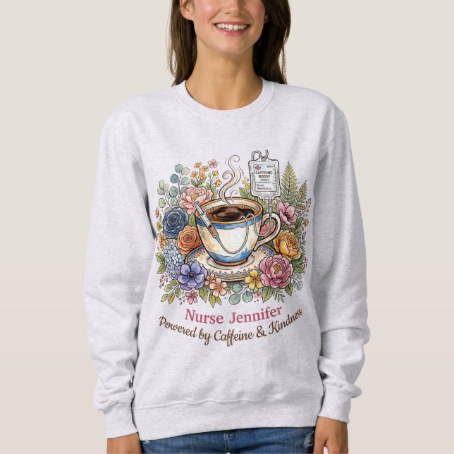 Akvarell Medicinsk Kaffe Blommig Personlig Namn T Shirt (Framsida)