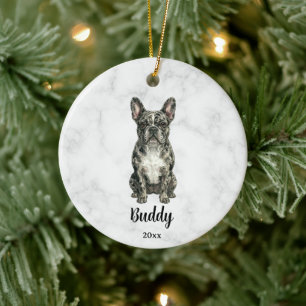 Akvarell Merle Fransk Bulldog Namn Hund Minnesmärk Julgransprydnad Keramik
