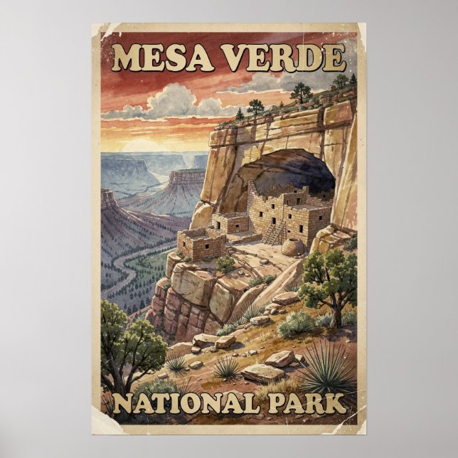Akvarell Mesa Verde National Park Retro Poster (Framsidan)