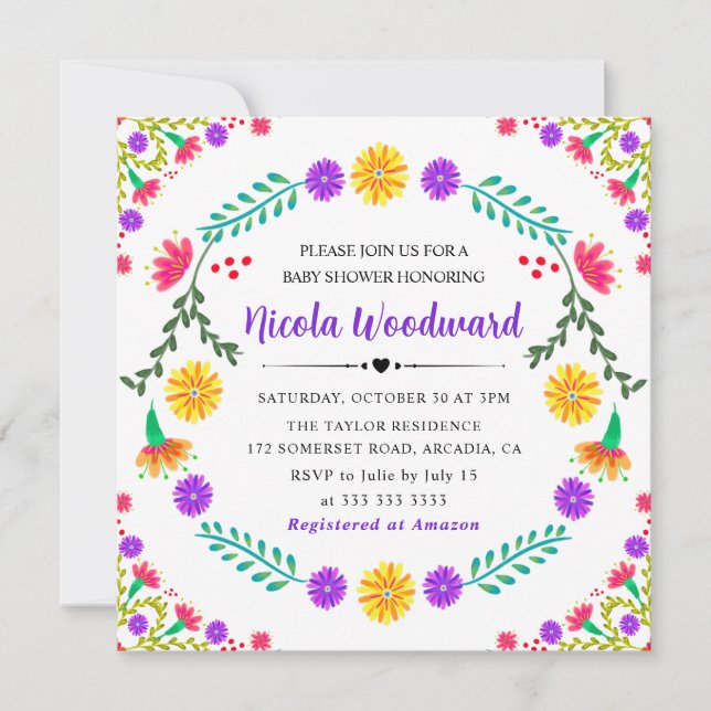Akvarell Mexikanska blommor Fiesta Baby Shower Inbjudningar (Framsida)