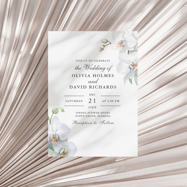 Akvarell Minimalistisk Vit Orkidé Bröllop Inbjudningar (Watercolor Minimalist White Orchid Wedding Invitation on a white dry palm leaf.)