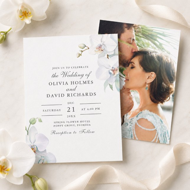 Akvarell Minimalistisk Vit Orkidé Foto Bröllop Inbjudningar (Watercolor Minimalist White Orchid Photo Wedding Invitation)