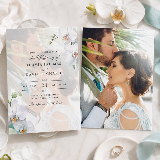 Akvarell Minimalistisk Vit Orkidé Foto Bröllop Inbjudningar (Watercolor Minimalist White Orchid Photo Wedding Invitation)
