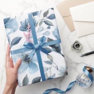 Akvarell Mjuk Blå Blomma Vit Blommig Mönster Presentpapper