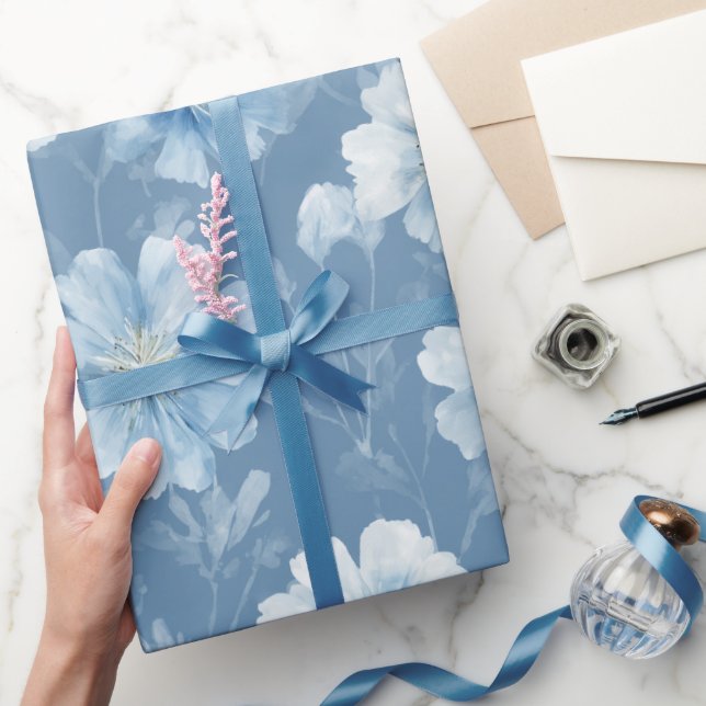 Akvarell Mjuk Blå Blomma Vit Blommig Mönster Presentpapper (Gifting)