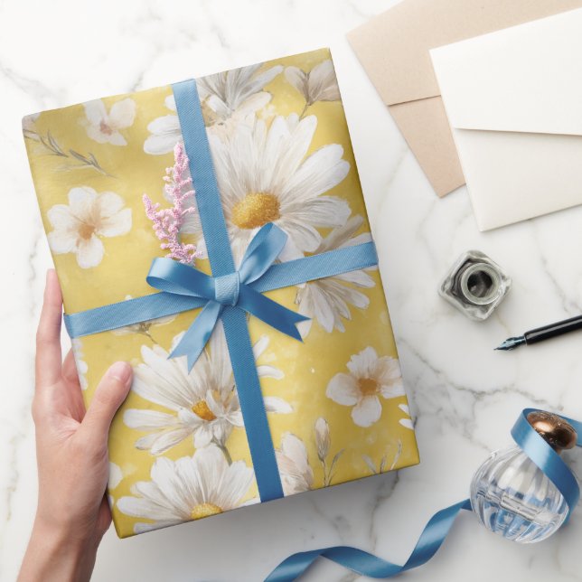 Akvarell Mjuk Gul Tusenskönas Vit Blommig Mönster Presentpapper (Gifting)