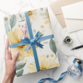Akvarell Mjuk Gul Tusenskönas Vit Blommig Mönster Presentpapper