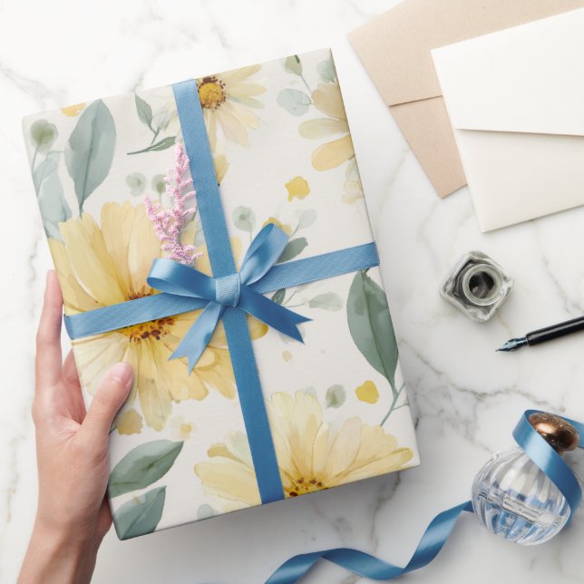 Akvarell Mjuk Gul Tusenskönas Vit Blommig Mönster Presentpapper (Gifting)