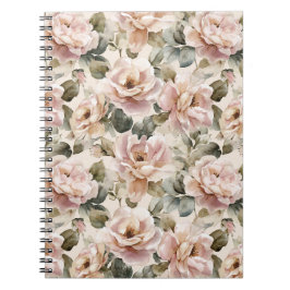 Akvarell Mjuk Rosa Ros Beige Blommönster Anteckningsbok