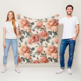 Akvarell Mjuk Rosa Ros Beige Blommönster Fleecefilt