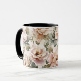 Akvarell Mjuk Rosa Ros Beige Blommönster Mugg