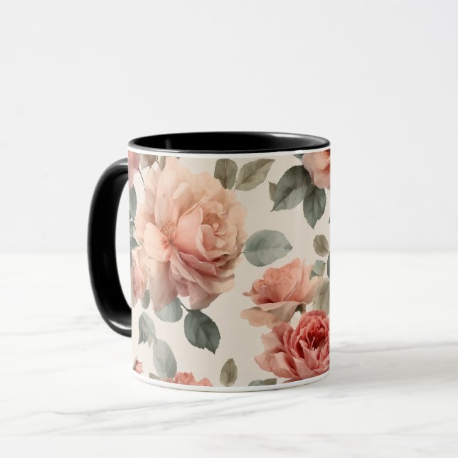 Akvarell Mjuk Rosa Ros Beige Blommönster Mugg (Framsida vänster)