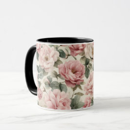 Akvarell Mjuk Rosa Ros Beige Blommönster Mugg