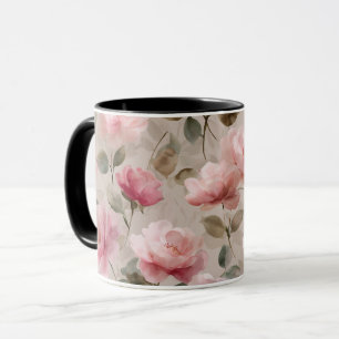 Akvarell Mjuk Rosa Ros Beige Blommönster Mugg