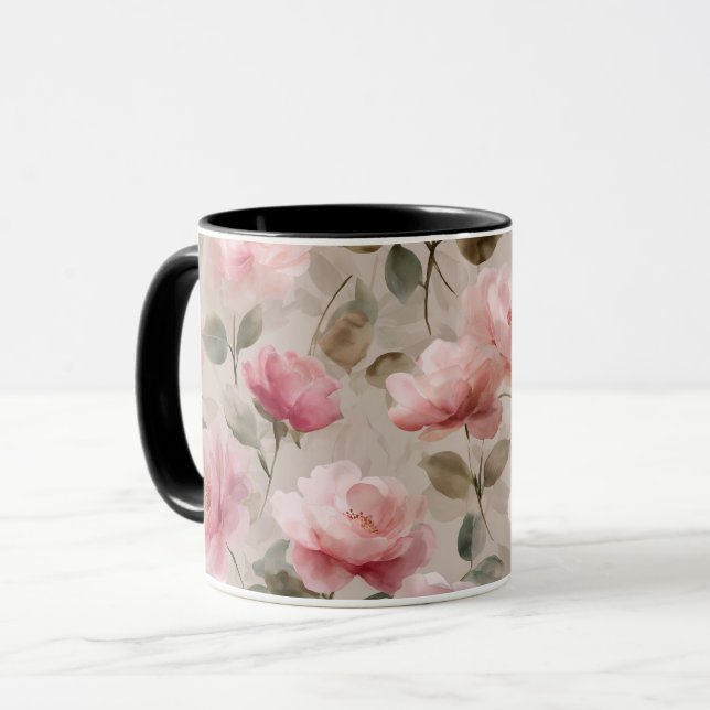 Akvarell Mjuk Rosa Ros Beige Blommönster Mugg (Framsida vänster)