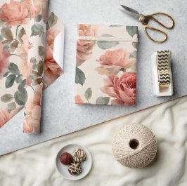 Akvarell Mjuk Rosa Ros Beige Blommönster Presentpapper