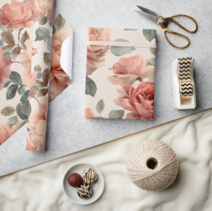 Akvarell Mjuk Rosa Ros Beige Blommönster Presentpapper
