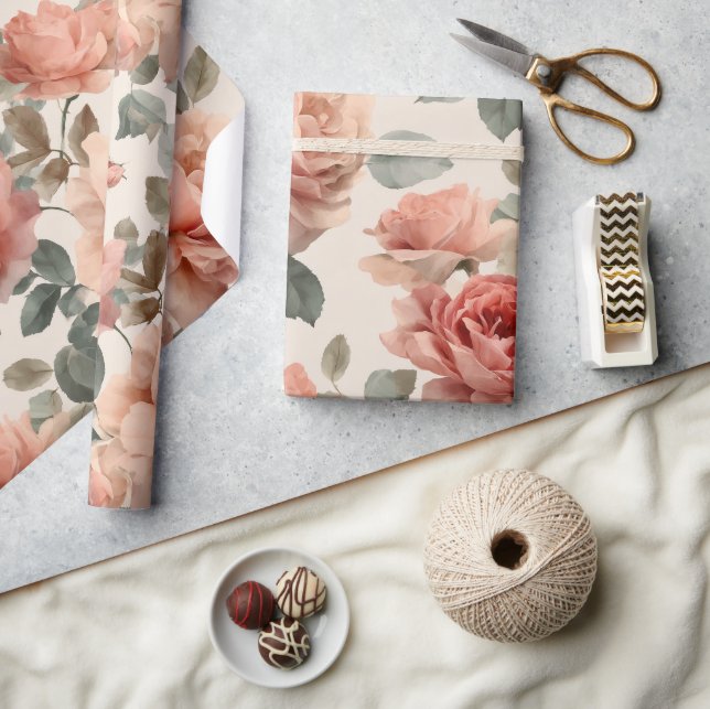 Akvarell Mjuk Rosa Ros Beige Blommönster Presentpapper (Hantverk)