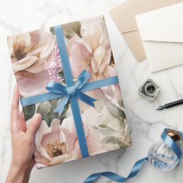 Akvarell Mjuk Rosa Ros Beige Blommönster Presentpapper