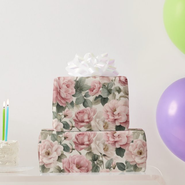 Akvarell Mjuk Rosa Ros Beige Blommönster Presentpapper (Festgåvor)