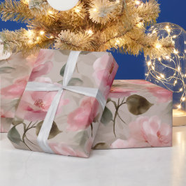 Akvarell Mjuk Rosa Ros Beige Blommönster Presentpapper