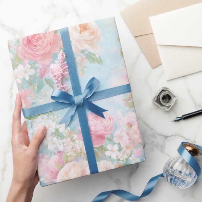 Akvarell Mjuka Rosa Rosor Himmelblå Bakgrund Blomm Presentpapper (Gifting)