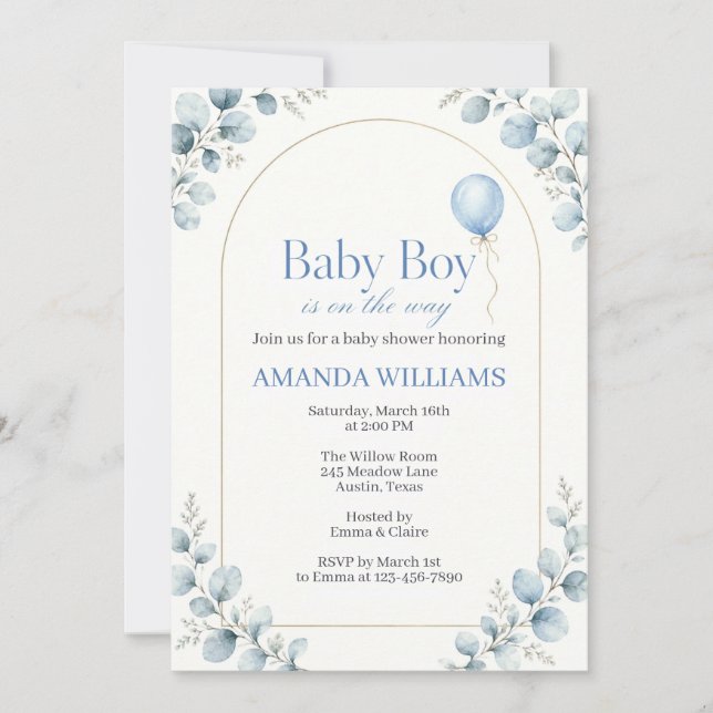 Akvarell modern eucalyptus baby shower inbjudningar (Framsida)