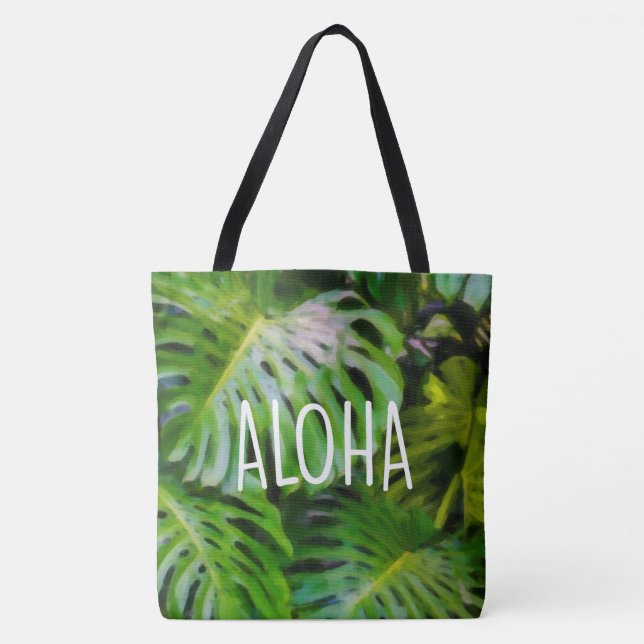 Akvarell Monstera Aloha Hawaiianska Strandväska Tygkasse (Framsida)
