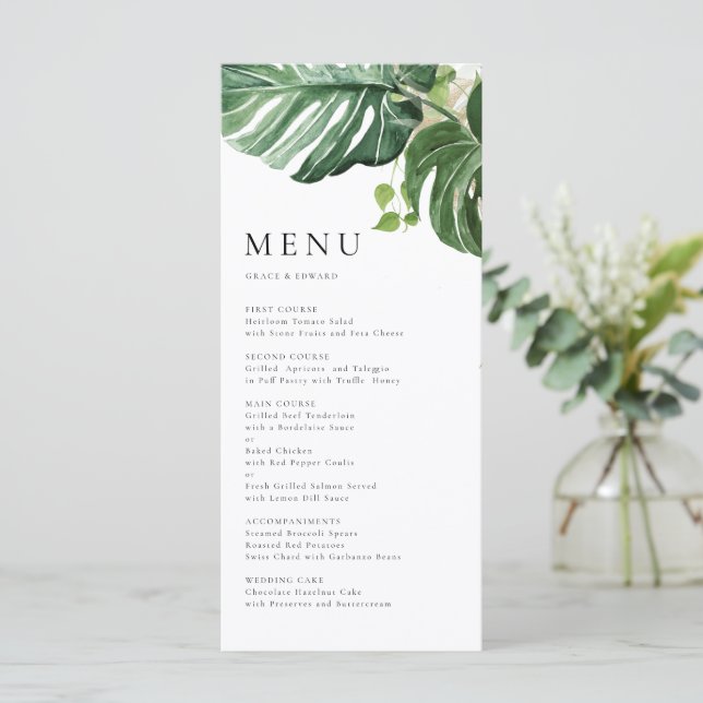 Akvarell Monstera Grönska Tropisk Bröllop Meny (Stående Fram)