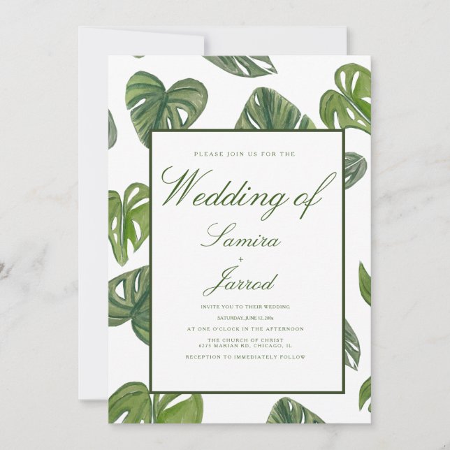 Akvarell Monstera och Adansonii Botaniska blad Inbjudningar (Framsida)