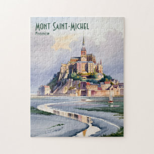 Akvarell Mont Saint Michel Frankrike Vintage Resa Pussel