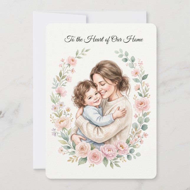 Akvarell Mor och barn kramas med blomsterkrans Inbjudningar (Framsida)