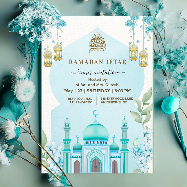 Akvarell Moské Iftar Middag Blå Inbjudningar (Skapare uppladdad)